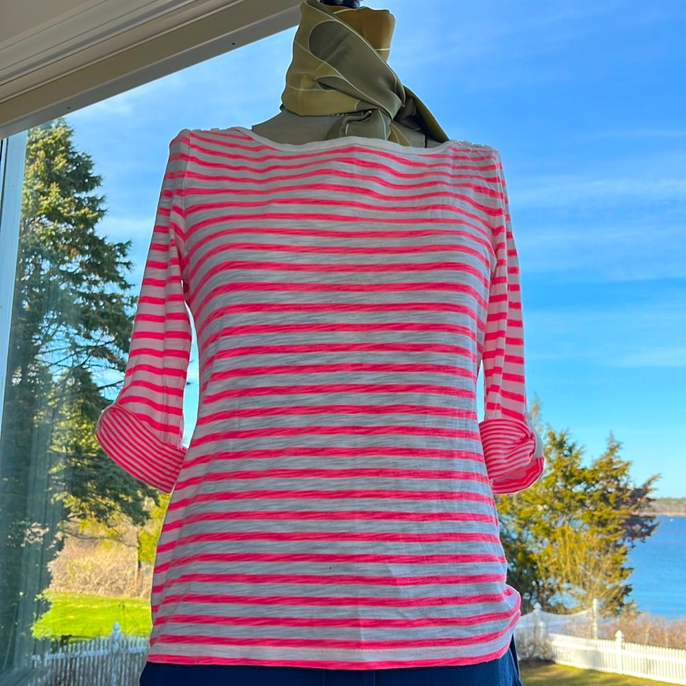 Gap fluorescent, pink and white striped sailor shirt, button details 3/4 sleeve